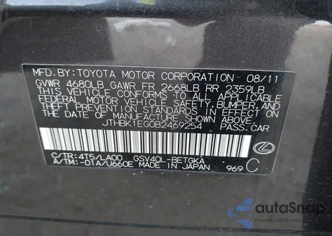 2011 Lexus Es 350 z USA, uszkodzony, nr VIN JTHBK1EG0B2469254